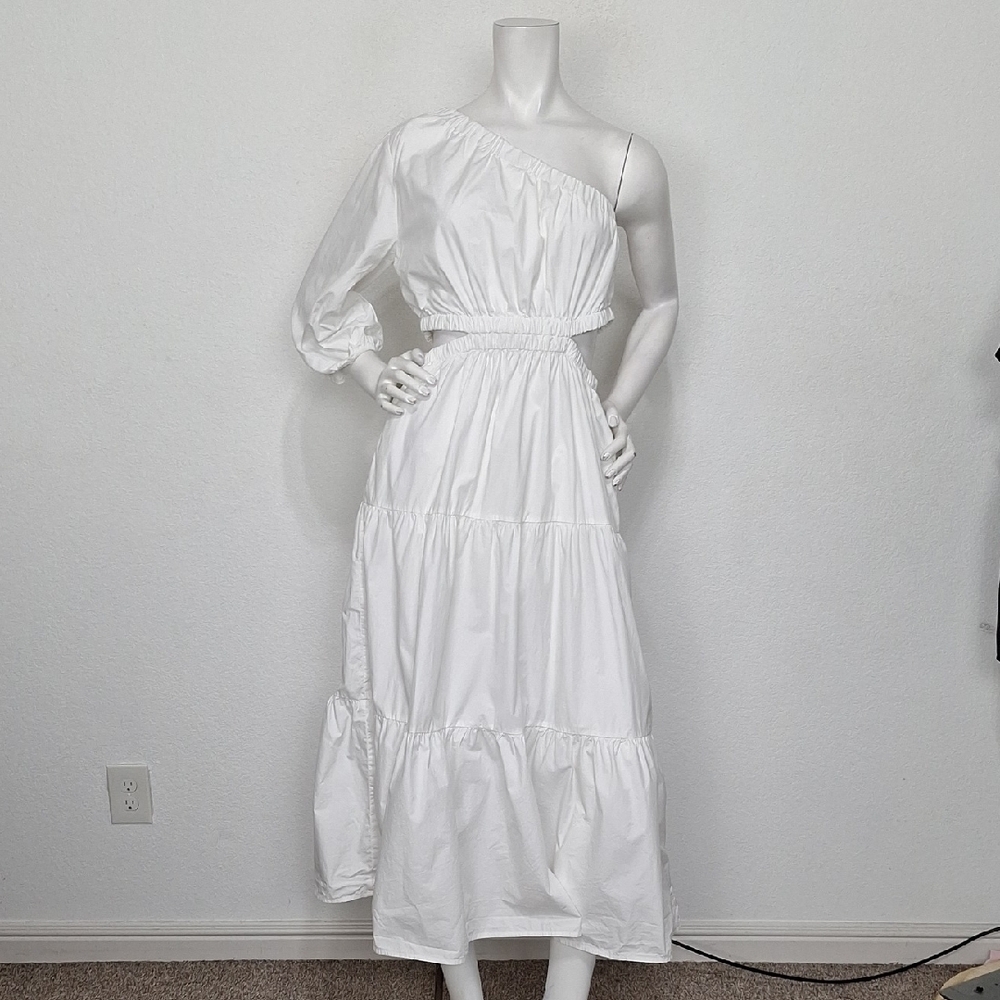 The Drop White April One Shoulder Boho Cottagecore Cut Out Tiered Maxi Dress- M